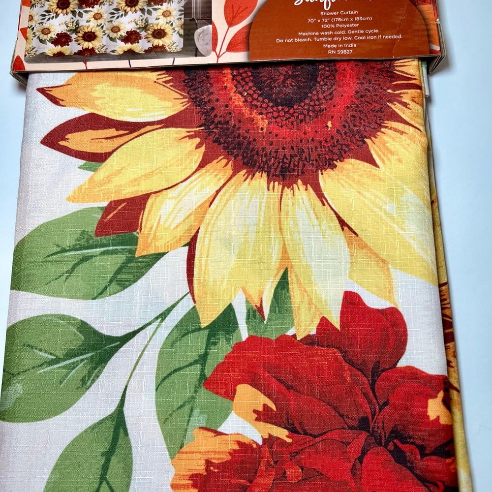 Harvest Sunflowers Fabric Shower Curtain Yellow Rust Orange Bold Colors - Picture 4 of 11